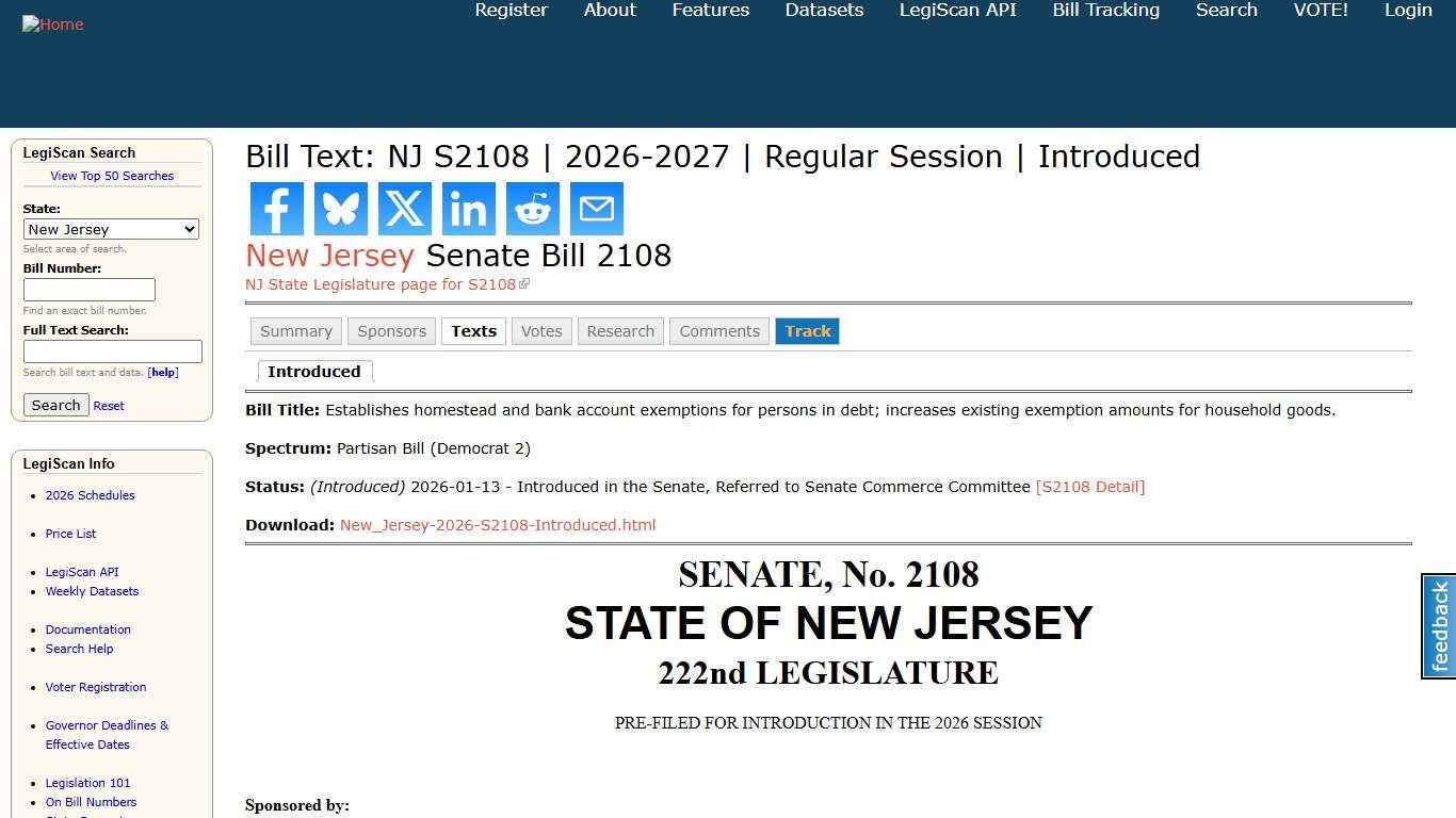 Bill Text: NJ S2108 2026-2027 Regular Session Introduced LegiScan